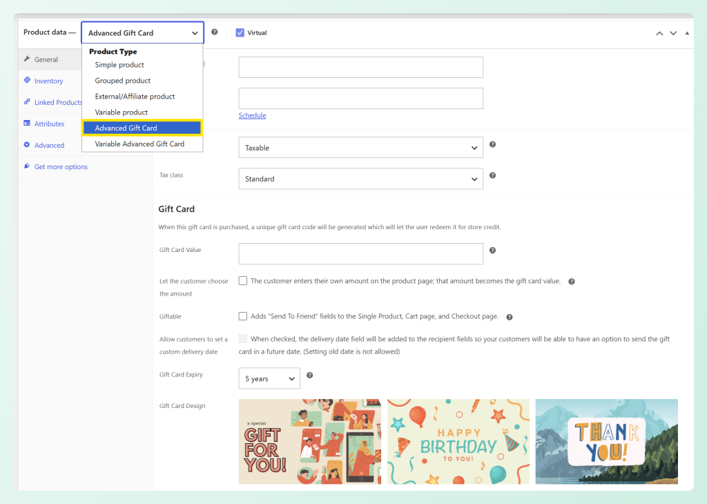 WooCommerce Product data dropdown with Advanced Gift Card selected