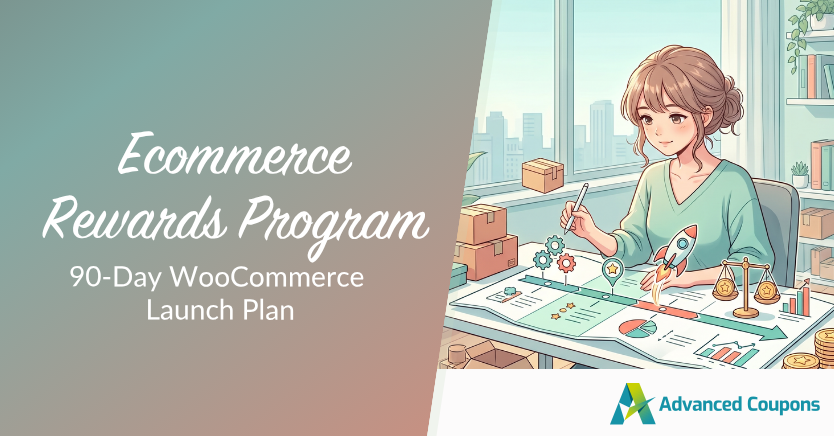 E-commerce rewards program launch plan: 90-day WooCommerce plan, illustrated with a woman at a drafting desk and Advanced Coupons logo on the right.