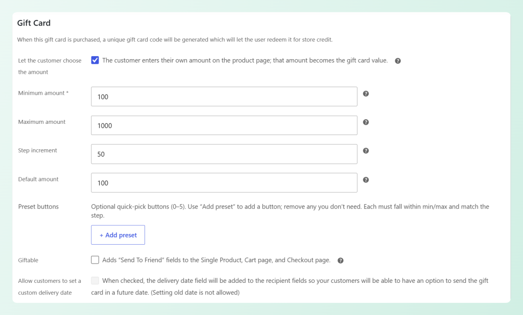 Gift card settings with minimum, maximum, step, and default amount fields