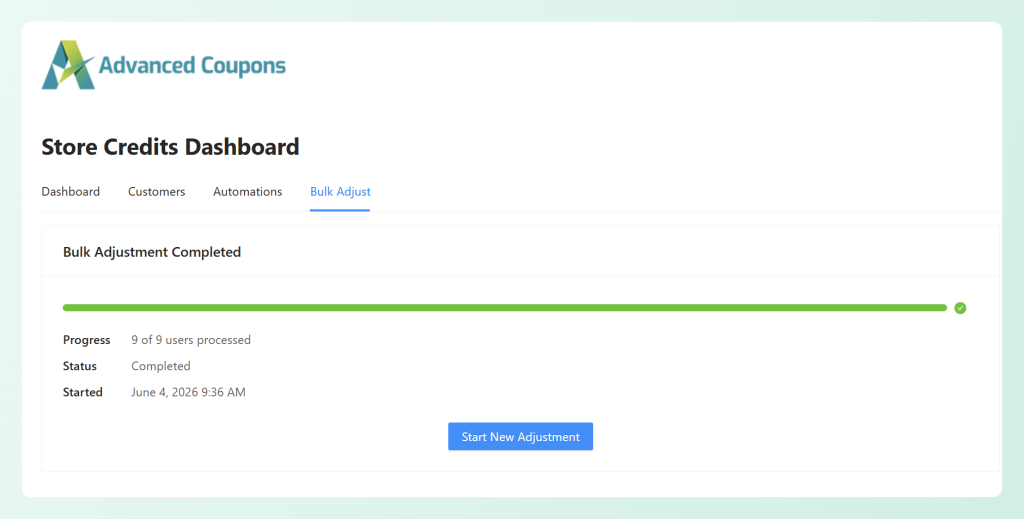 Bulk Adjustment Completed screen showing 9 of 9 users processed