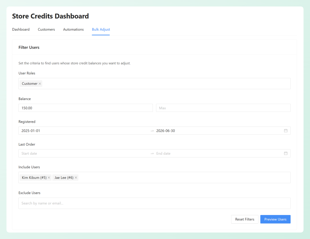 Bulk Adjust filters for role, balance, registration date, and included users