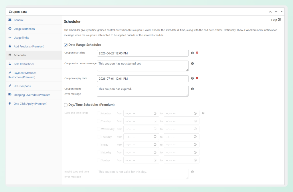 Advanced Coupons scheduler settings with coupon start date and expiry date fields