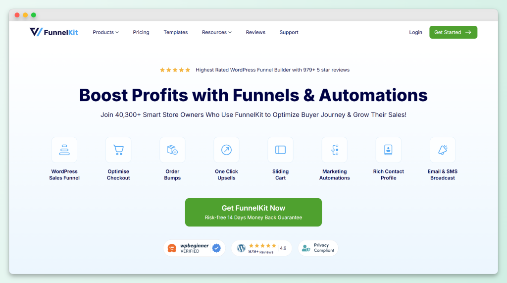 funnelkit - Advanced Coupons FunnelKit homepage showing funnels and automation features