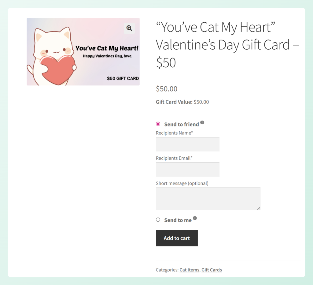 gift-cards-send-to-friend-option-01 - Advanced Coupons Gift card product page showing Send to friend fields for recipient name, email, and message
