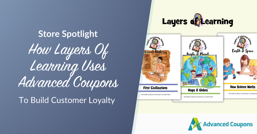 Promotional banner split: left panel with 'Store Spotlight' text; right panel shows Layers of Learning book covers and the Advanced Coupons logo.