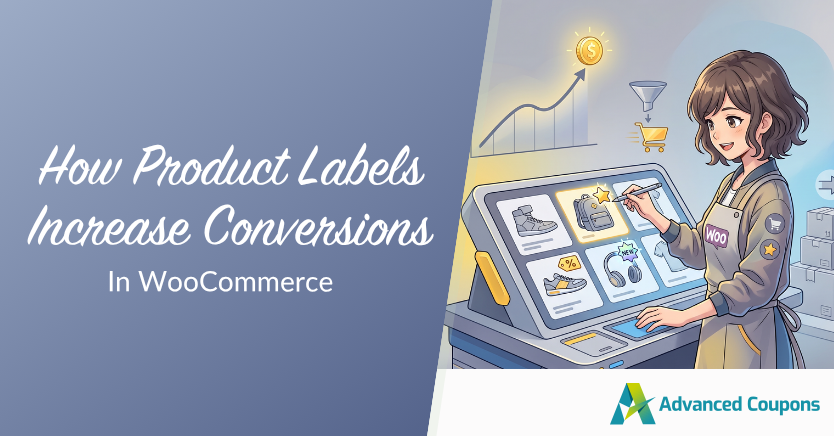 Banner with the title 'How Product Labels Increase Conversions In WooCommerce' beside a woman using a touchscreen label designer; Advanced Coupons logo shown.