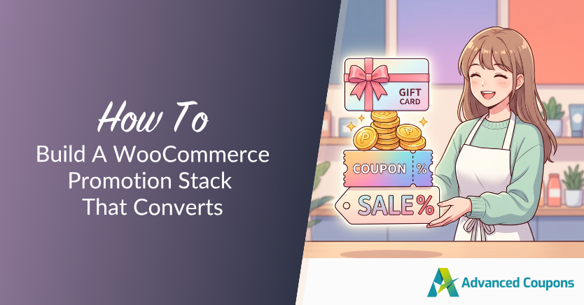 Banner for a WooCommerce promo guide: title on the left and a cheerful shop assistant with gift cards, coins, coupons, and a sale sign on the right; Advanced Coupons logo.