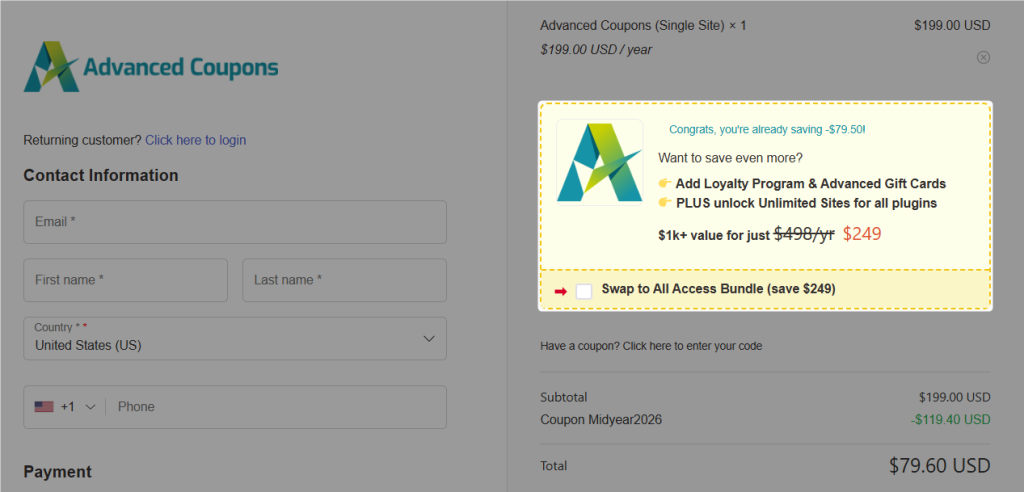 Checkout page showing an upsell offer panel for Advanced Coupons highlighted in yellow next to the billing summary and form fields on the left.