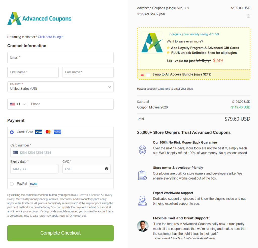 Checkout page with a left column form for contact info, country, phone, and payment details; right column shows order summary and a yellow upsell panel with a logo and savings offer.