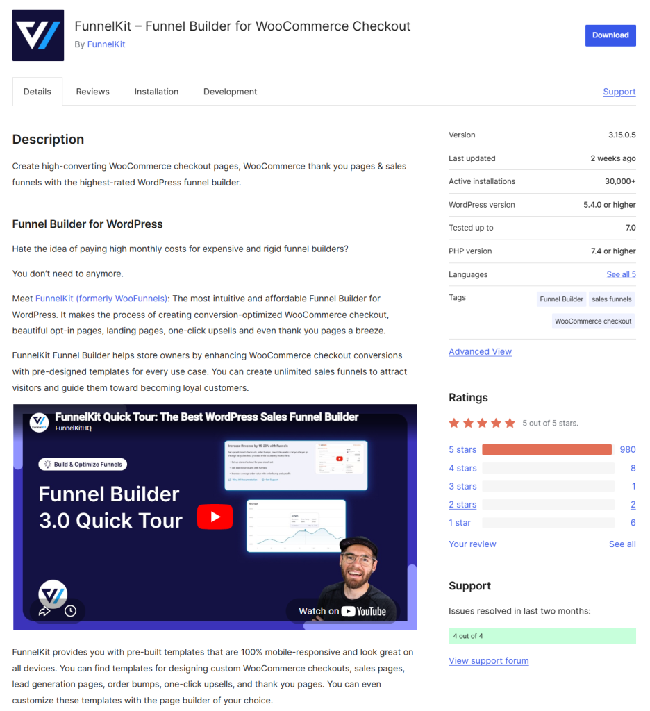 Product header for FunnelKit Funnel Builder for WooCommerce Checkout showing logo, title, author, and Download button.