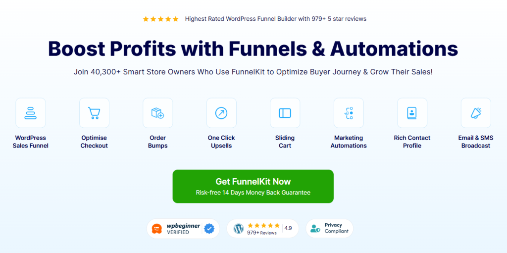 Hero section promoting FunnelKit: large headline'Boost Profits with Funnels & Automations', subheading about 40,300+ store owners, row of eight feature icons with captions, and a bright green 'Get FunnelKit Now' CTA button.