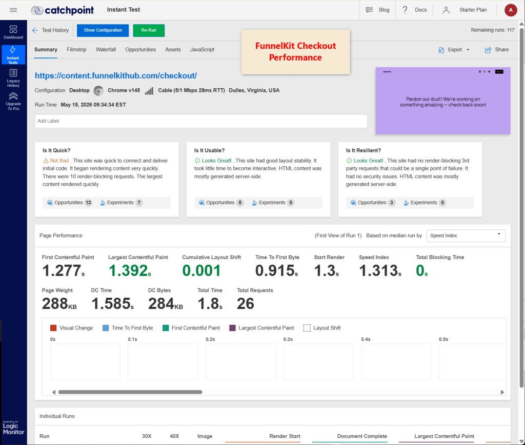 Catchpoint Instant Test dashboard showing FunnelKit Checkout Performance with summary panels, performance metrics, and a purple note banner