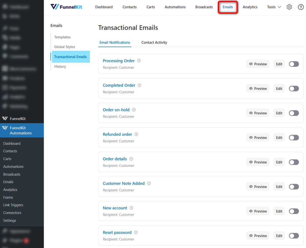 Screenshot of FunnelKit app showing Transactional Emails list with templates on the right (Processing Order, Completed Order, Order on-hold). Left navigation visible.