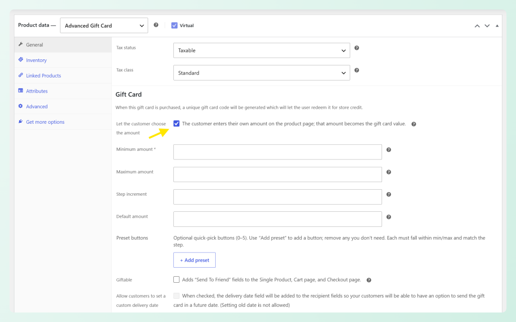Manual amount checkbox enabled in Advanced Gift Cards settings
