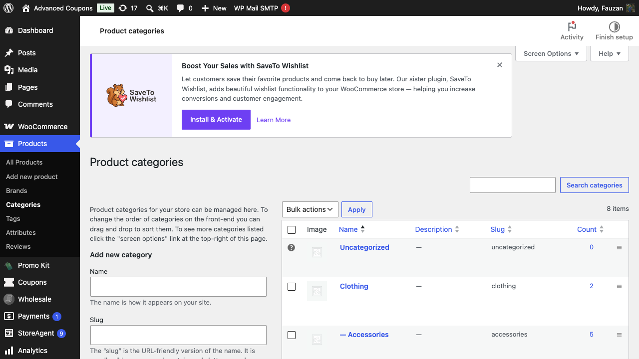 WordPress admin Products → Categories list with the Clothing category visible