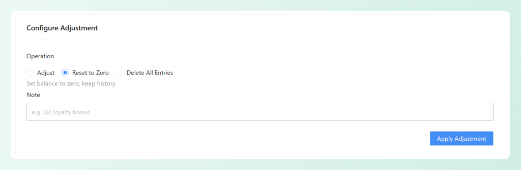 Configure Adjustment screen with Reset to Zero and Delete All Entries options