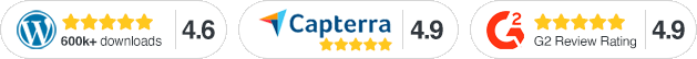 Ratings from major review sites: WordPress (4.6, 600k+ downloads), Capterra 4.9, G2 4.9.