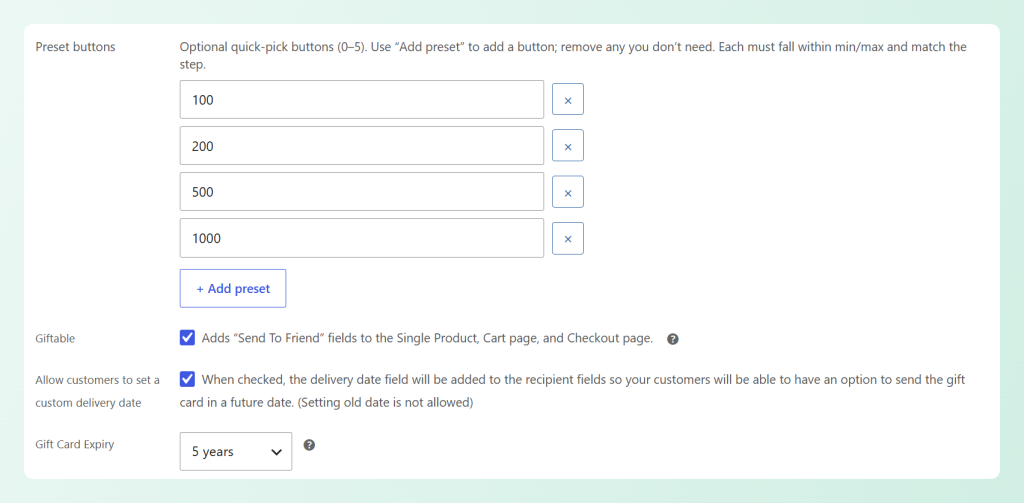 Preset button settings with giftable and custom delivery date options