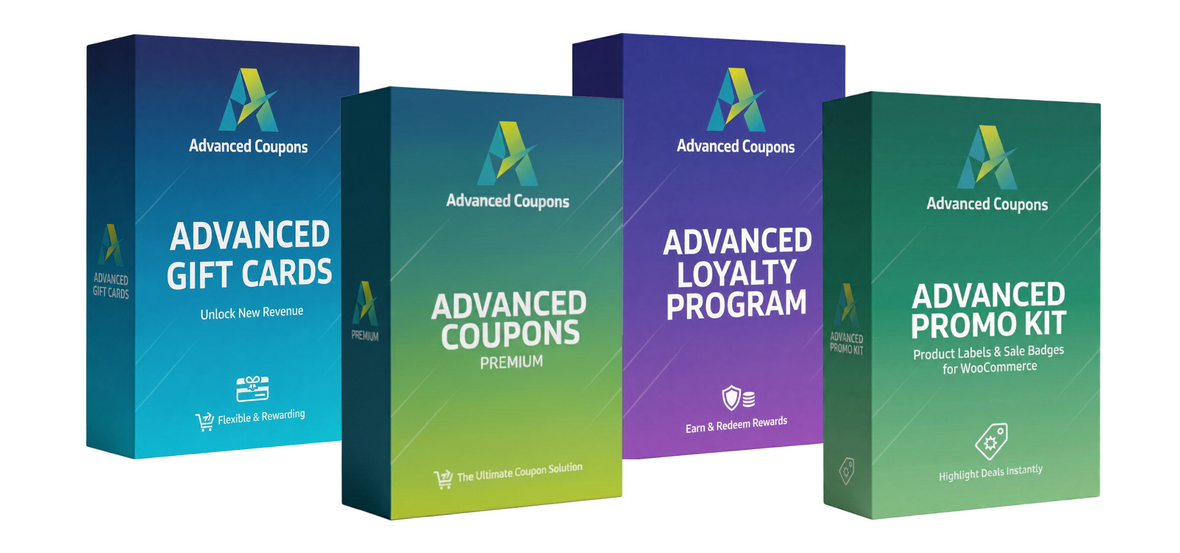 Four colorful product boxes labeled Advanced Coupons: Gift Cards, Premium Coupons, Loyalty Program, and Promo Kit.