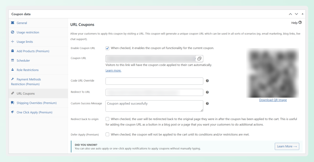 Advanced Coupons URL Coupons settings showing coupon URL, QR code, redirect fields, and success message options