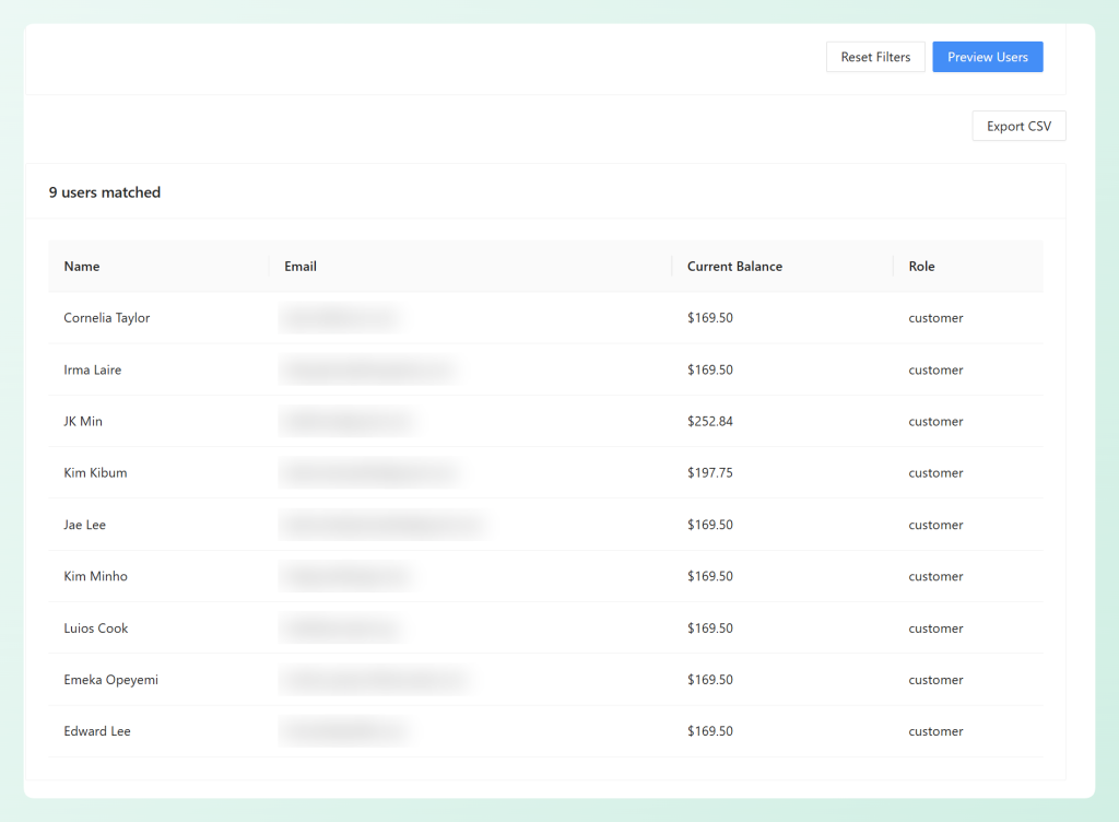 Matched users table showing names, emails, balances, and roles