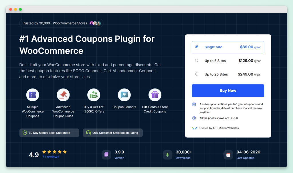 WebToffee Smart Coupons product page showing coupon plugin pricing and feature highlights