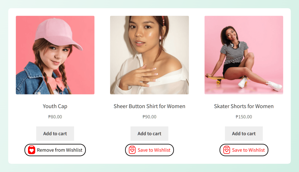 wishlist-example - Advanced Coupons Product grid showing Save to Wishlist buttons below store products