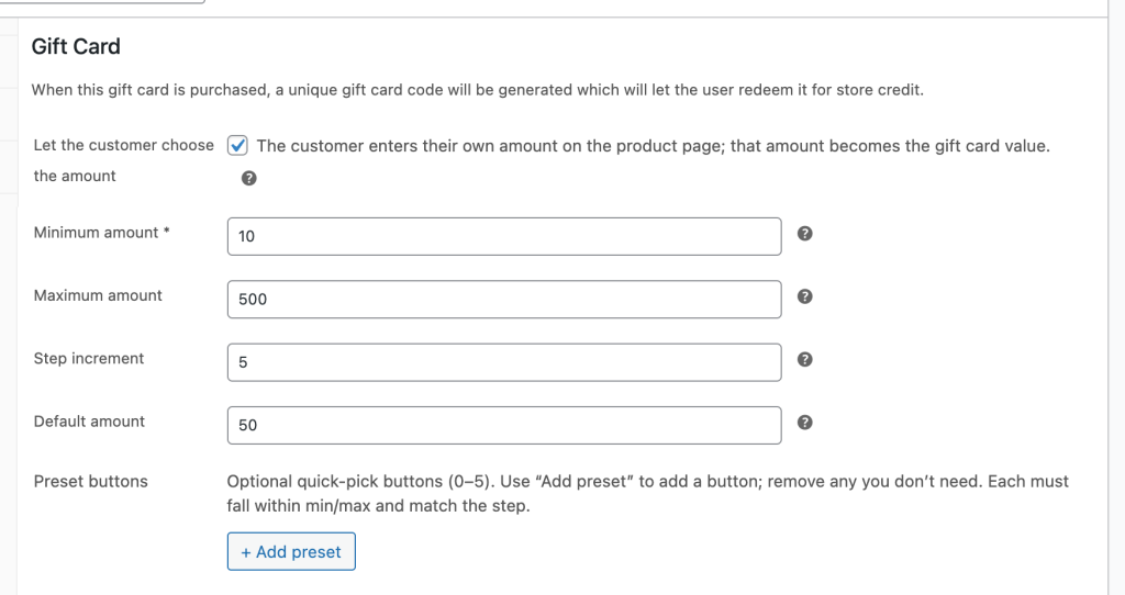 Gift card minimum, maximum, step increment, default amount and preset button settings in WooCommerce - Advanced Coupons Gift Card section with Let the customer choose the amount ticked, minimum 10, maximum 500, step 5 and default 50