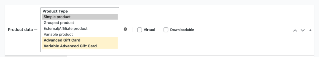 WooCommerce Product data dropdown showing the Advanced Gift Card and Variable Advanced Gift Card product types - Advanced Coupons Product data dropdown listing the Advanced Gift Card and Variable Advanced Gift Card product types
