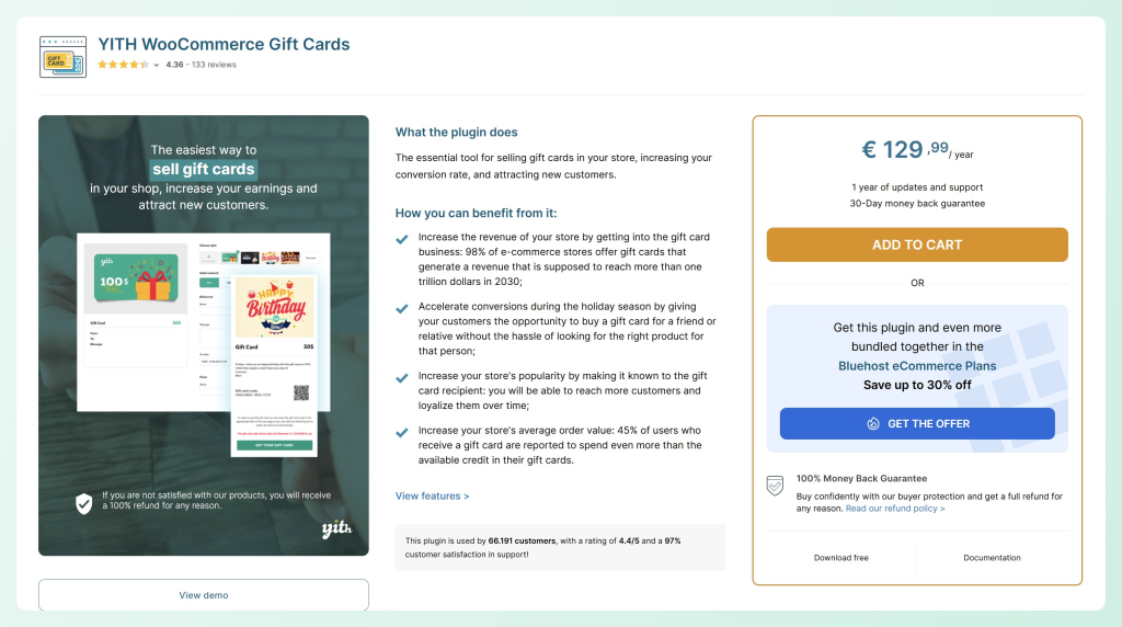 YITH WooCommerce Gift Cards page with € 129,99 yearly pricing