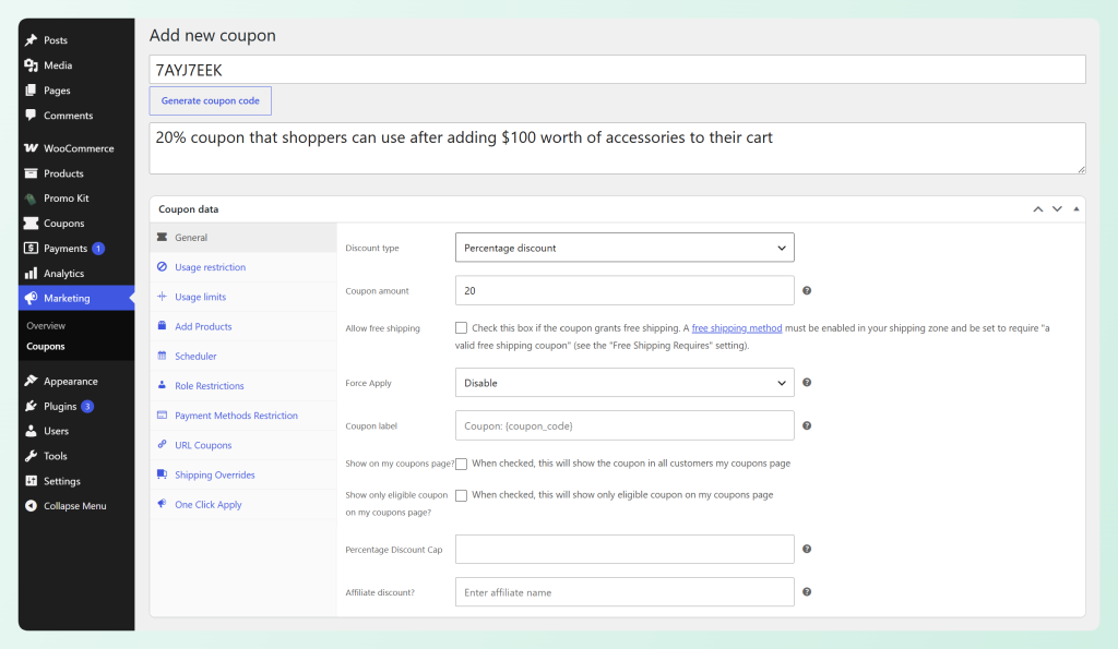 Editor de cupones de WooCommerce con un descuento porcentual del 20% configurado