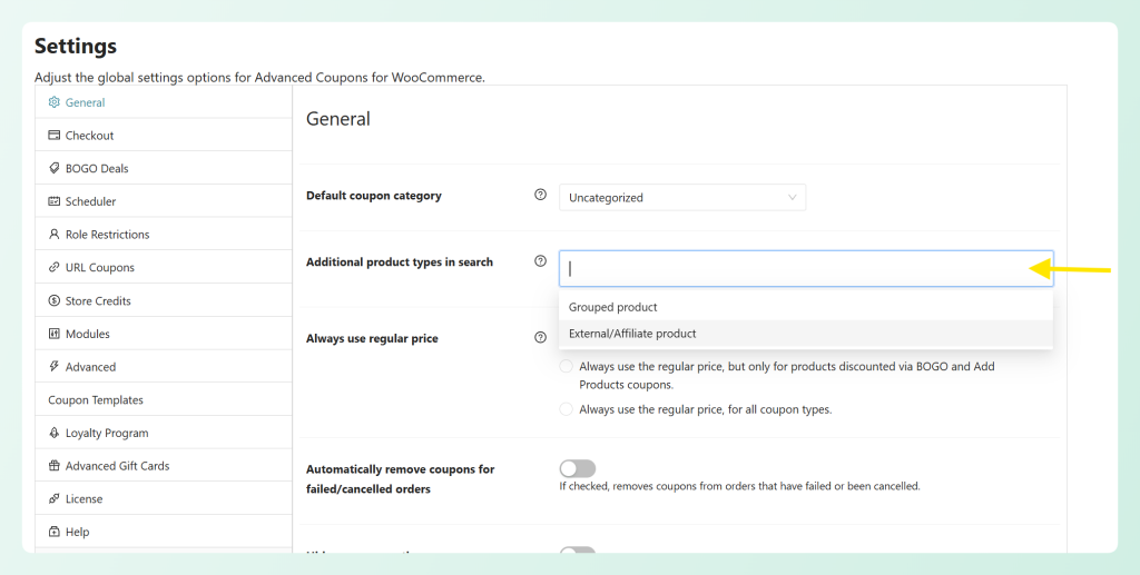 Tipos de producto adicionales en la configuración de búsqueda que muestran los tipos de producto disponibles