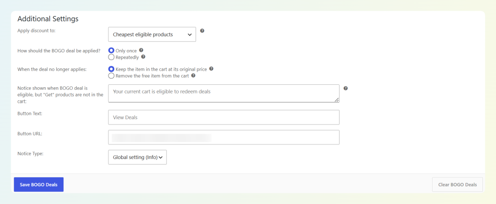 additionalbogosettings-blurred - Advanced Coupons Additional Settings for a WooCommerce BOGO deal including apply discount to and repeat options
