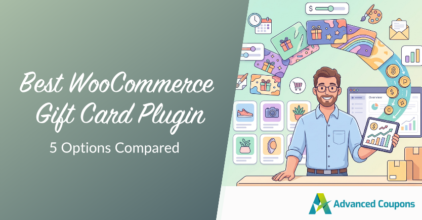 Blog hero image: gradient left panel with title about WooCommerce gift card plugins; cartoon man on the right with gift cards and charts; Advanced Coupons logo.