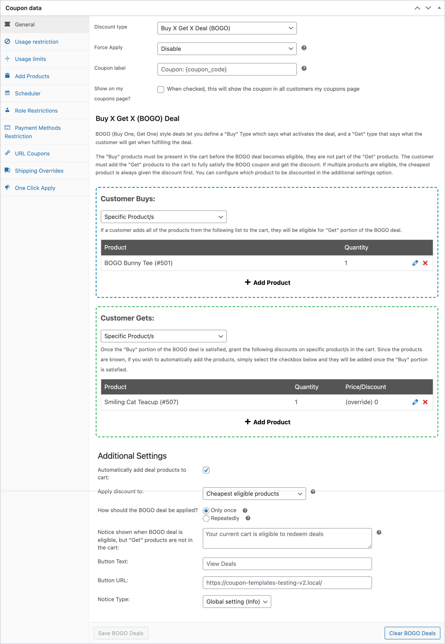 Configure the BOGO trigger and the reward product in the coupon editor