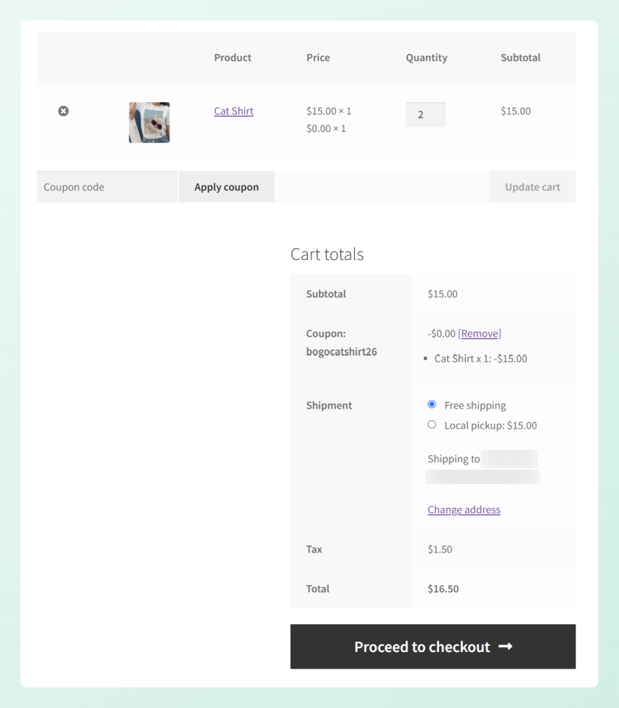 WooCommerce cart showing a free BOGO item at  alt=