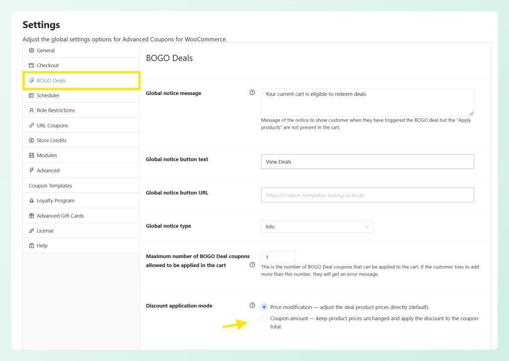 WooCommerce BOGO Deals discount application mode setting with price and coupon amount options