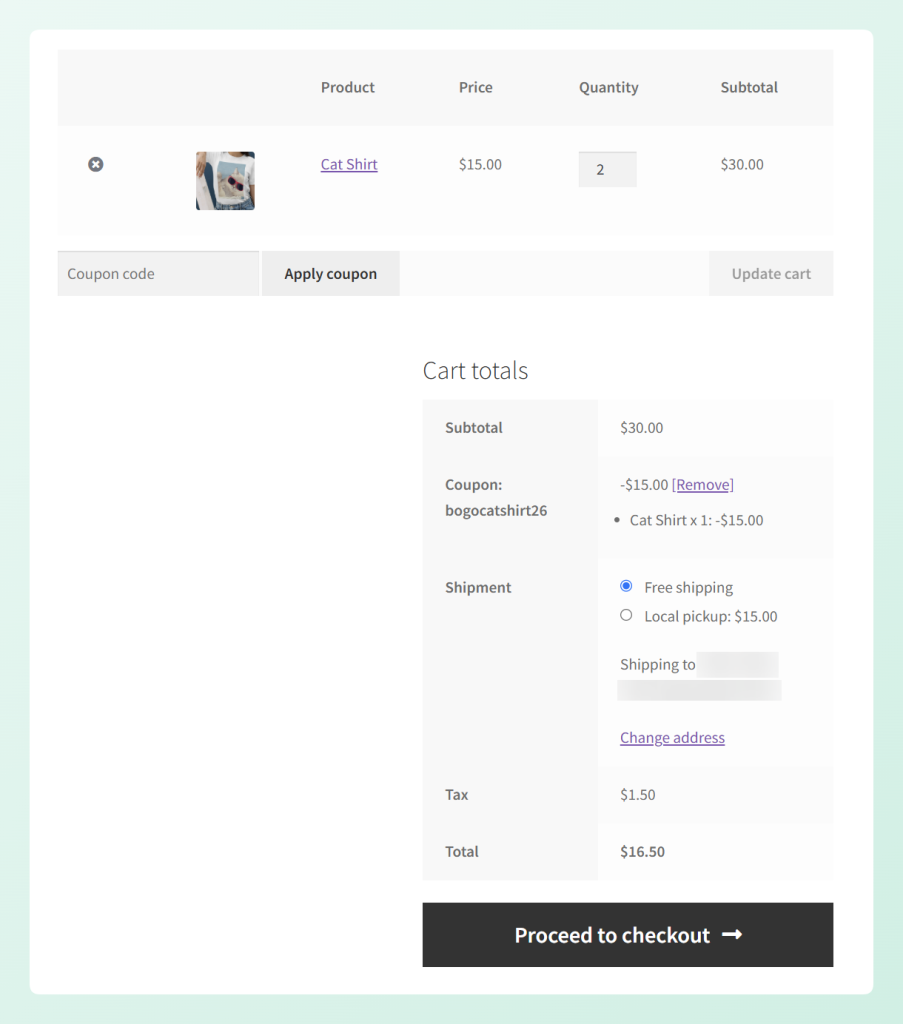 WooCommerce cart showing a  BOGO discount on the coupon line in Coupon amount mode