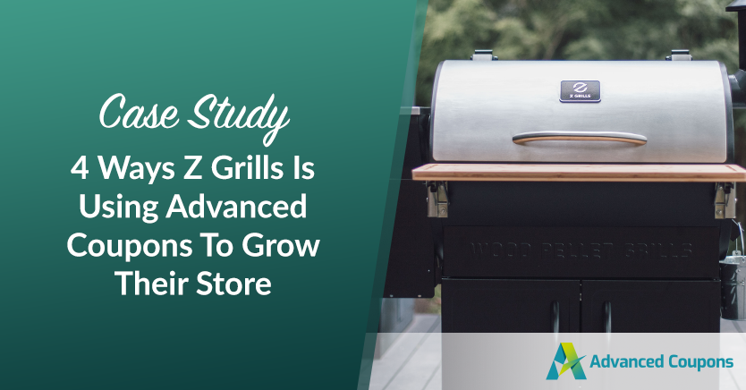 Case study banner: '4 Ways Z Grills Is Using Advanced Coupons To Grow Their Store' beside a grill with the Advanced Coupons logo.
