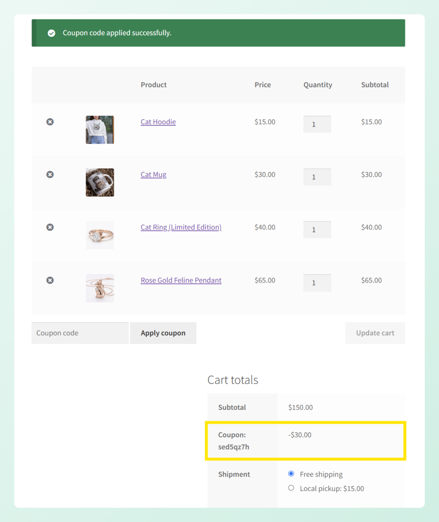 WooCommerce carrito con un subtotal de 5 Accesorios y un descuento de cupón