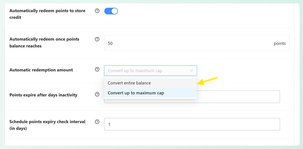 Automatic redemption amount dropdown showing both conversion options