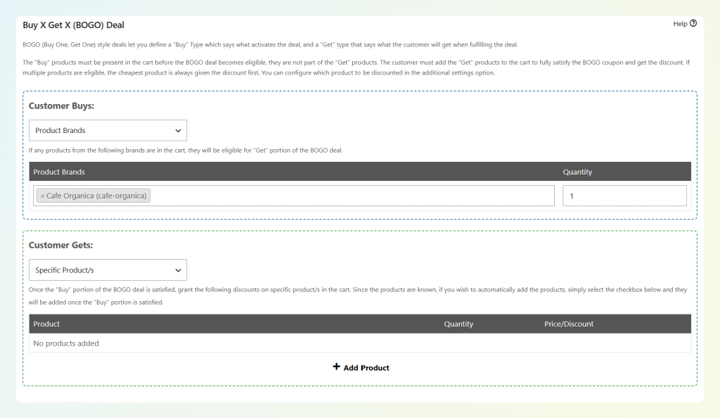 configuring customer buys section brand - Advanced Coupons Customer Buys section set to Product Brands with Cafe Organica and a quantity of one