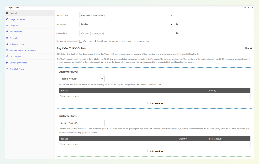 creating-a-bogo-deal - Advanced Coupons BOGO Deals panel on a WooCommerce coupon showing the buy and get configuration sections