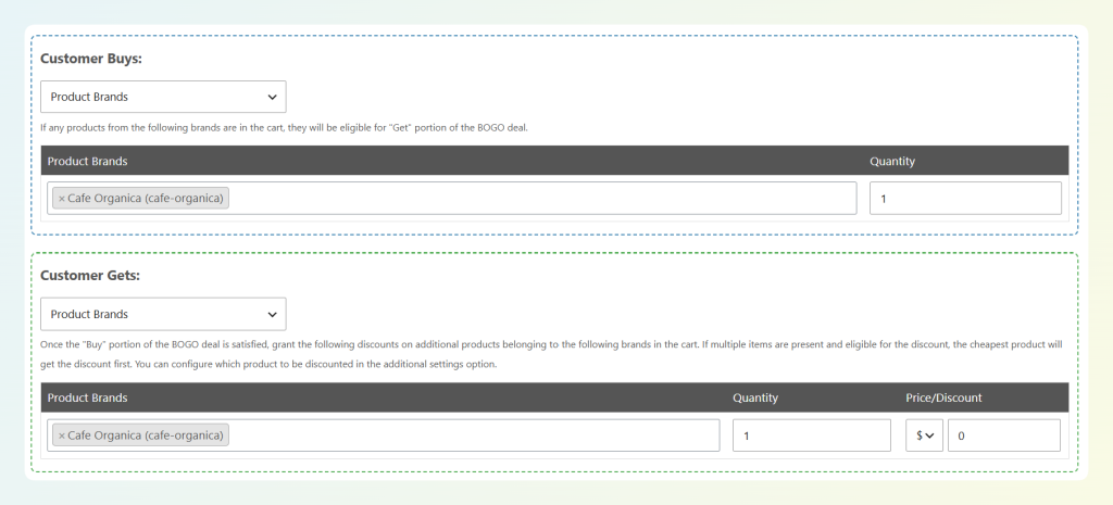 customer gets - Advanced Coupons Customer Gets section set to Product Brands with an override price of zero