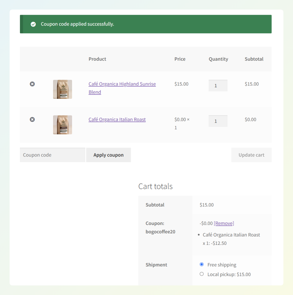 example cart bogo by brand - Advanced Coupons WooCommerce cart showing a brand BOGO deal discounting the cheaper qualifying product