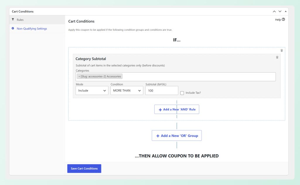 Condición Subtotal por Categoría configurada para incluir Accesorios por encima de 0