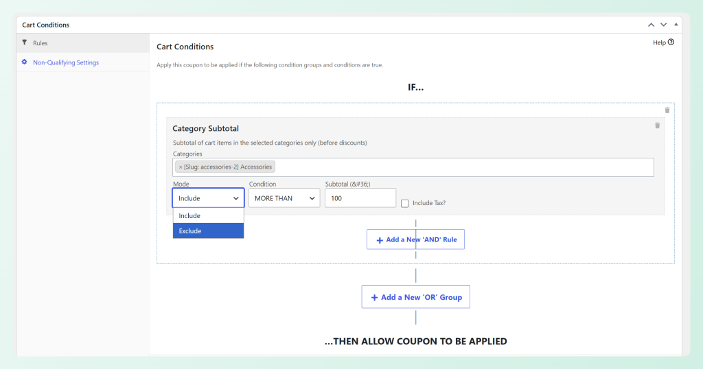 Condición Subtotal por Categoría mostrando las opciones de modo Incluir y Excluir