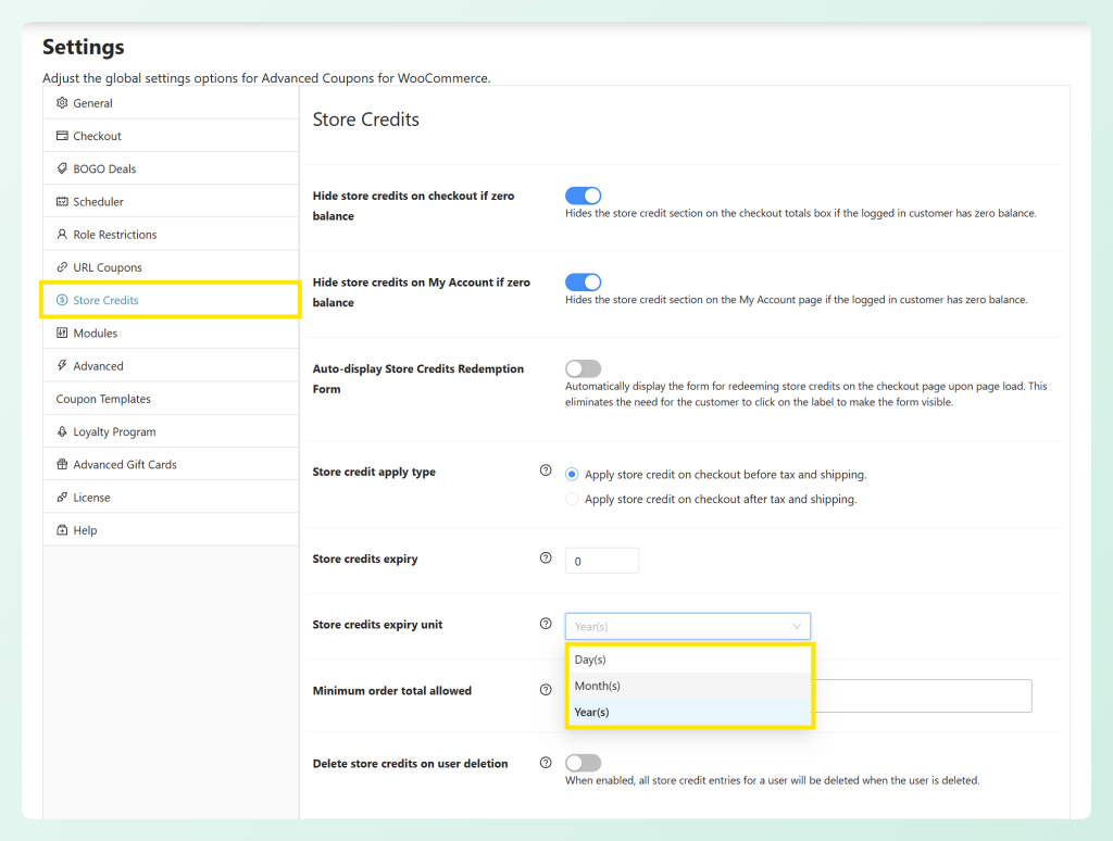 new-store-credit-expiry-settings - Advanced Coupons WooCommerce store credit expiry settings showing the new days months years unit dropdown