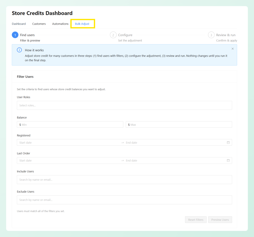 new-store-credits-bulk-adjust-wizard - Advanced Coupons Find users step of the bulk store credit wizard with role, balance, date, and customer filters