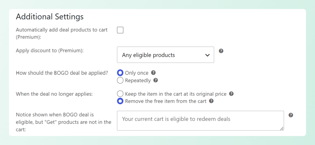 Advanced Coupons setting to remove the free BOGO item from the cart